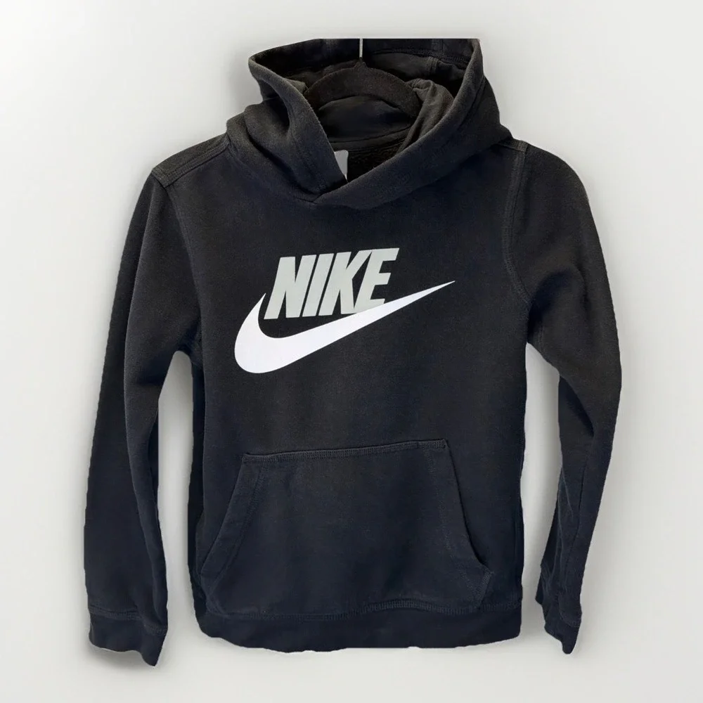 Nike Hoodie Youth M Black With White Swoosh Grey Logo Kids Pullover Sweatshirt